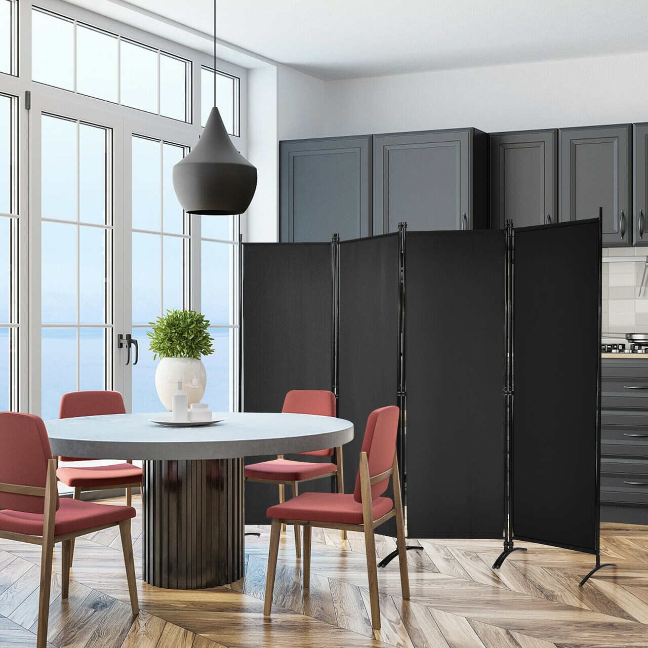 4-Panel Foldable Room Divider Privacy Screen with Steel Frame